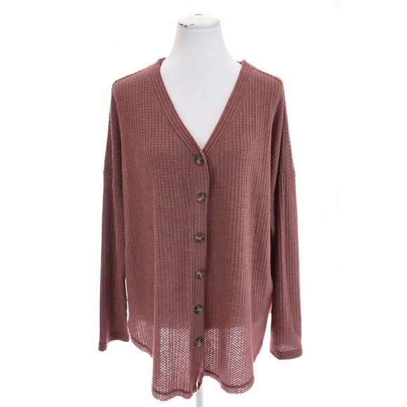 Umgee Womens Sz 1XL Fleece Waffle Knit Button Front Cardigan Sweater Berry Pink - Picture 4 of 8